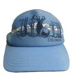 Vintage Colorado Mesh-Back Trucker Hat Deer Print Mountain Design Light Blue